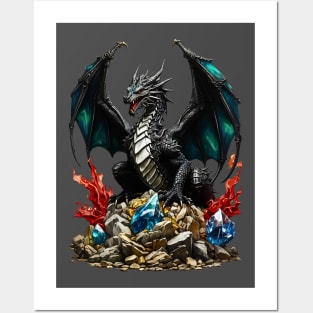 Black Dragon protecting his gems treasure Posters and Art